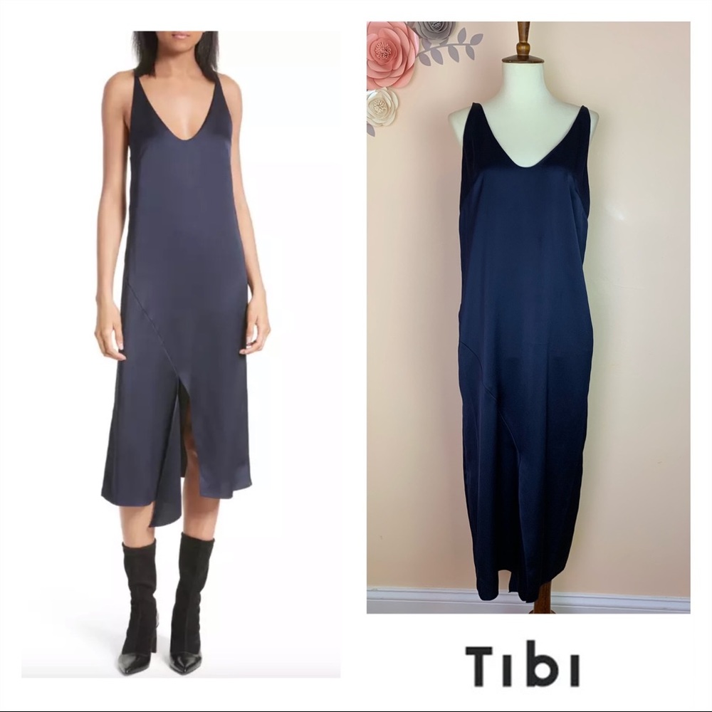 TIBI Celestia Navy Satin Slip Midi Dress with Slit
